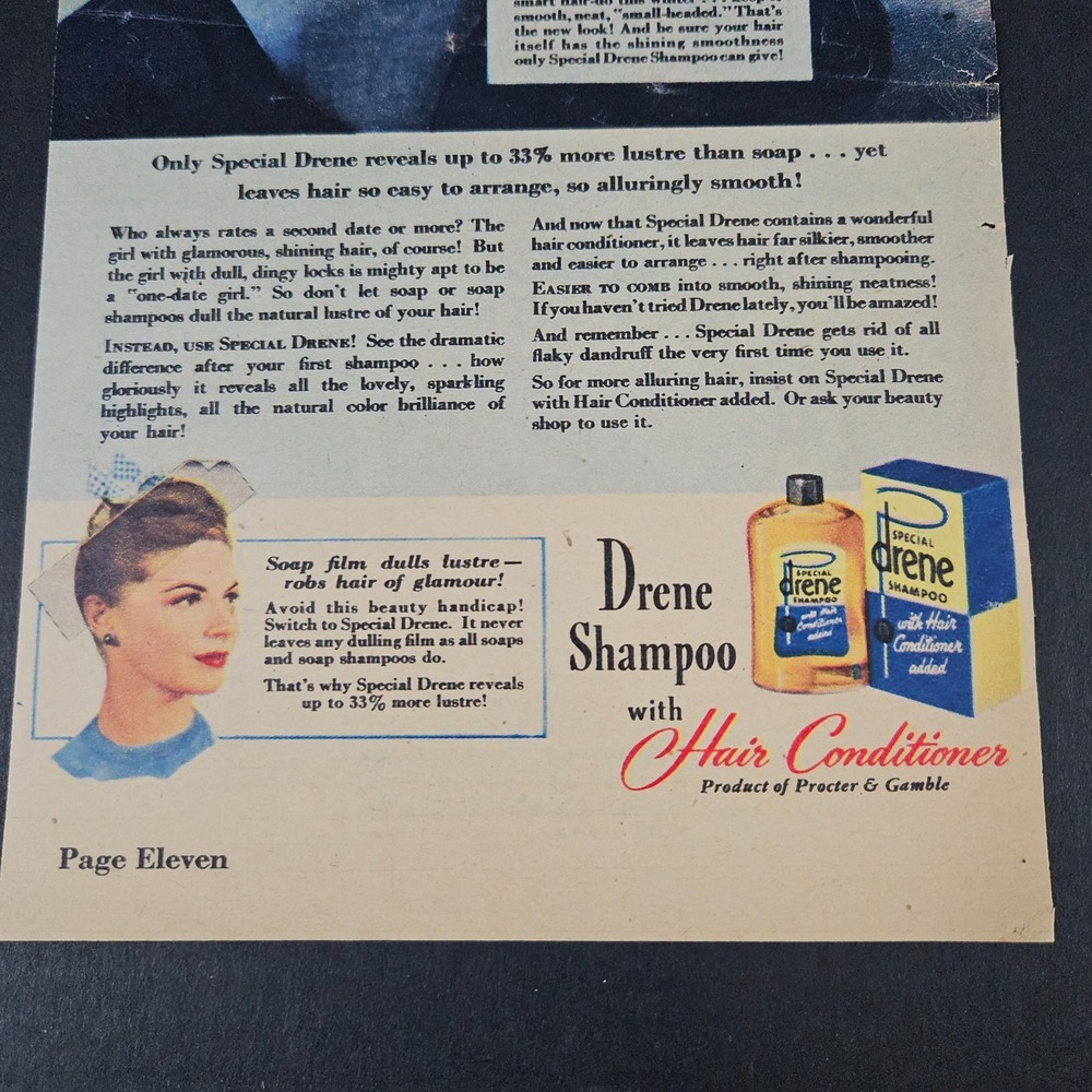 1944 Drene Shampoo Hair Conditioner Vintage Print Ad Proctor & Gamble US Soldier